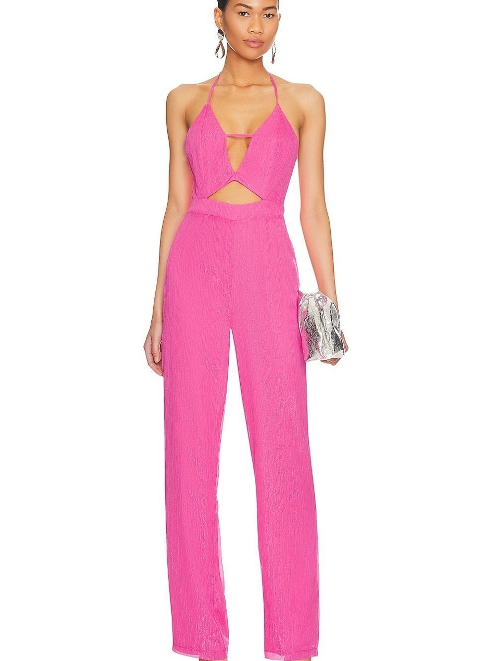 Superdown Revolve Sarah Halter Jumpsuit XS Hot Pink Metallic Cut Out Plunge